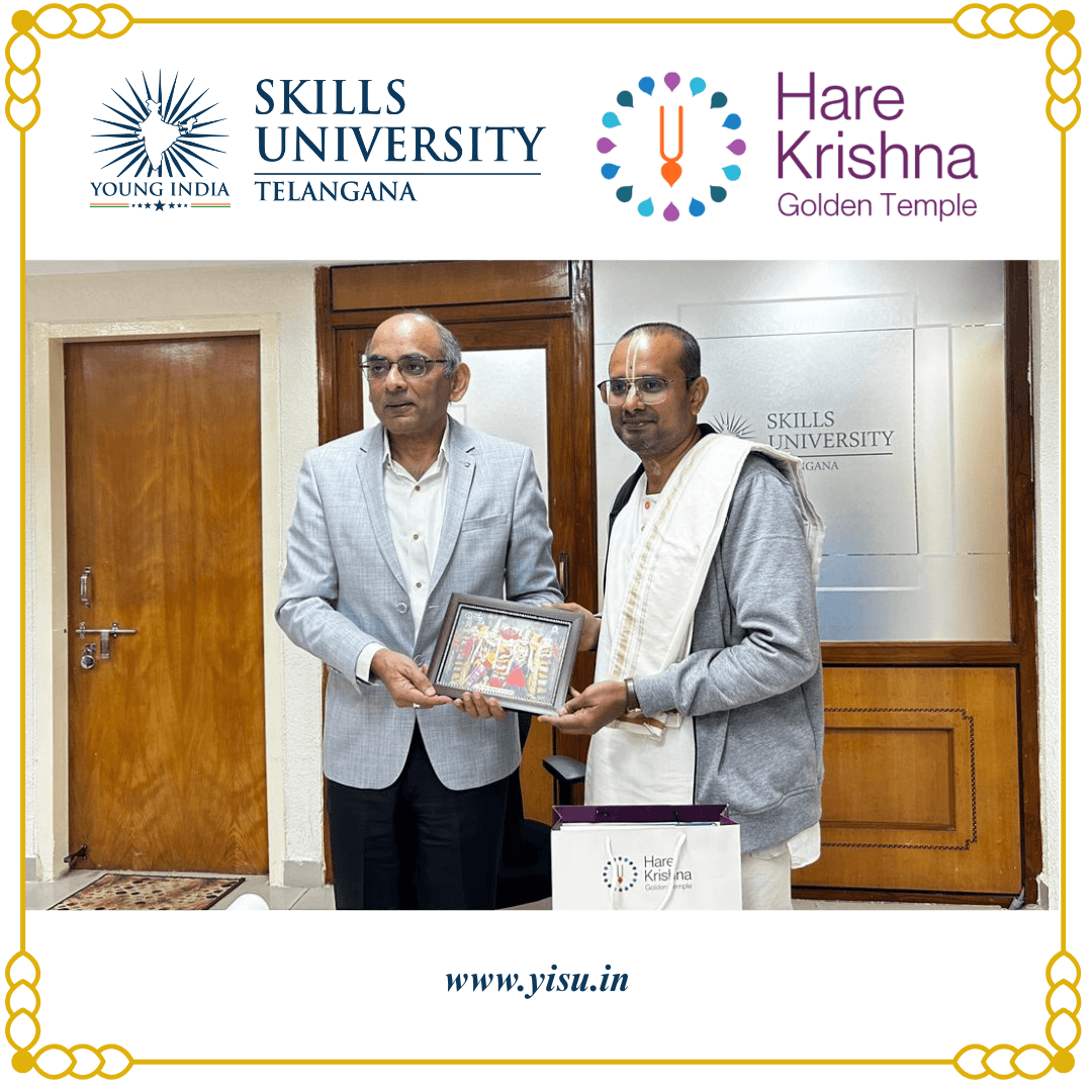 A detailed collaborative meeting between YISU and  Hare Krishna representatives was held at YISU Hyderabad, to lay out the action plan for the skilling ecosystem to implement student nourishment schemes in Telangana. As part of this initiative,  the establishment of a dedicated kitchen within the YISU main campus so as to provide wholesome food to students through breakfast & mid-day meal supply across the district, was discussed. This collaboration reflects YISU’s commitment to inclusive care, social responsibility, and the holistic development of its student community. image 1