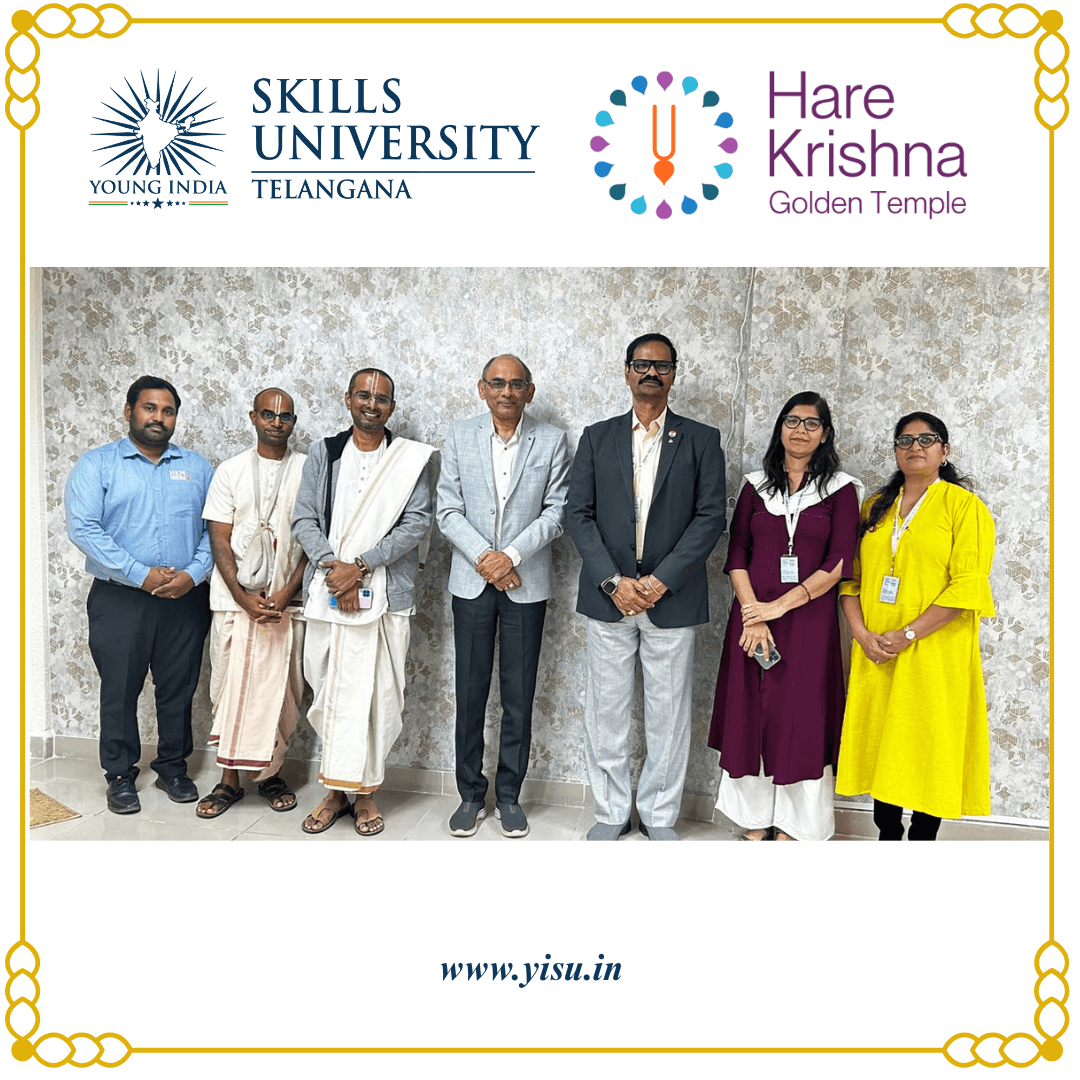 A detailed collaborative meeting between YISU and  Hare Krishna representatives was held at YISU Hyderabad, to lay out the action plan for the skilling ecosystem to implement student nourishment schemes in Telangana. As part of this initiative,  the establishment of a dedicated kitchen within the YISU main campus so as to provide wholesome food to students through breakfast & mid-day meal supply across the district, was discussed. This collaboration reflects YISU’s commitment to inclusive care, social responsibility, and the holistic development of its student community. image 2
