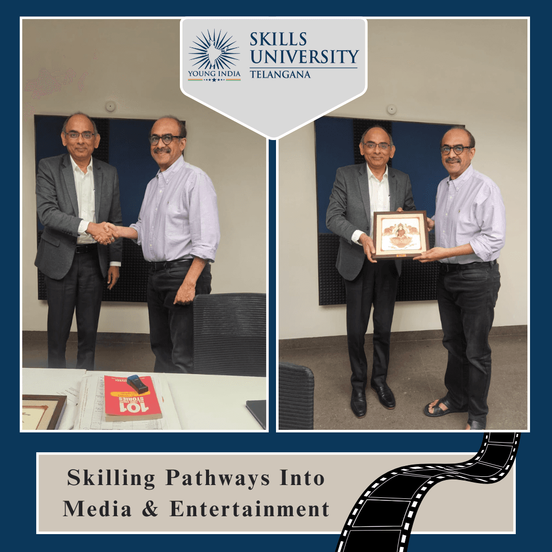 Vice Chancellor YISU and Ms. Hyma Bhagi, Outreach Manager, had a very significant and promising meeting with Shri Suresh Daggubati, Head of Ramanaidu Studios. Possible areas of collaboration in the media & entertainment sector across the skilling value chain were discussed at length. A framework for a gradual and strong partnership was outlined for further steps. The interaction with the legendary film making house marks a special beginning for YISU in the sector. image 1